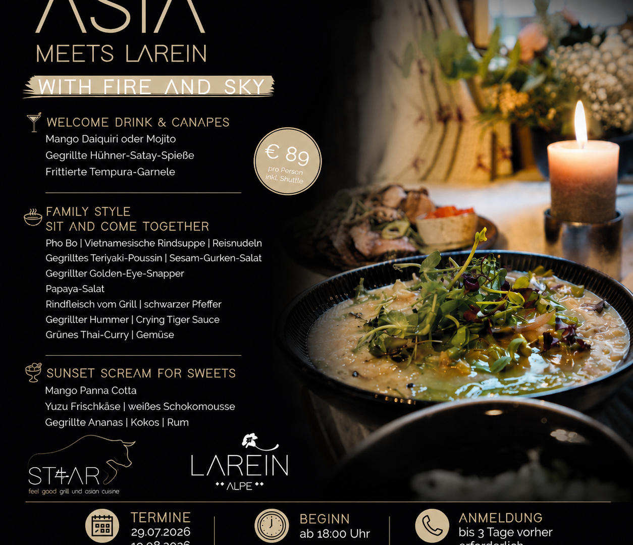 Ein elegantes Eventplakat mit dem Titel "Asia meets Larein". Es beschreibt ein kulinarisches Erlebnis mit asiatischer Küche, Getränken und süßen Leckereien, umgeben von stimmungsvollem Licht.