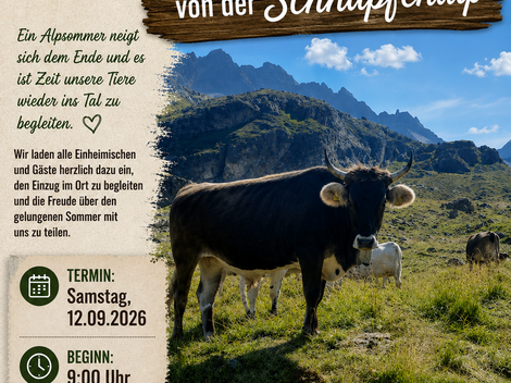 Cows graze in the beautiful mountain landscape with dramatic clouds. The image conveys the peaceful atmosphere of the alpine cattle drive celebration.