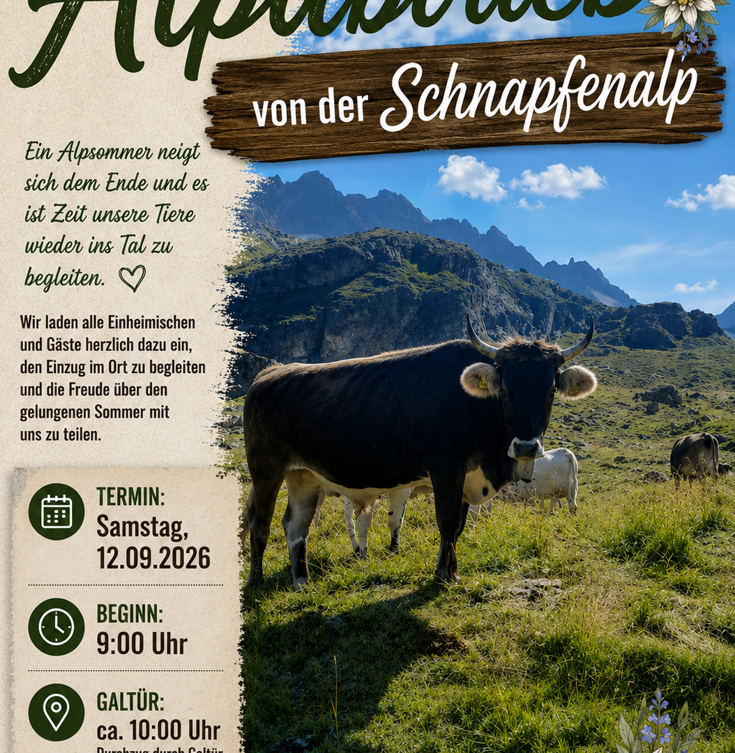 Cows graze in the beautiful mountain landscape with dramatic clouds. The image conveys the peaceful atmosphere of the alpine cattle drive celebration.