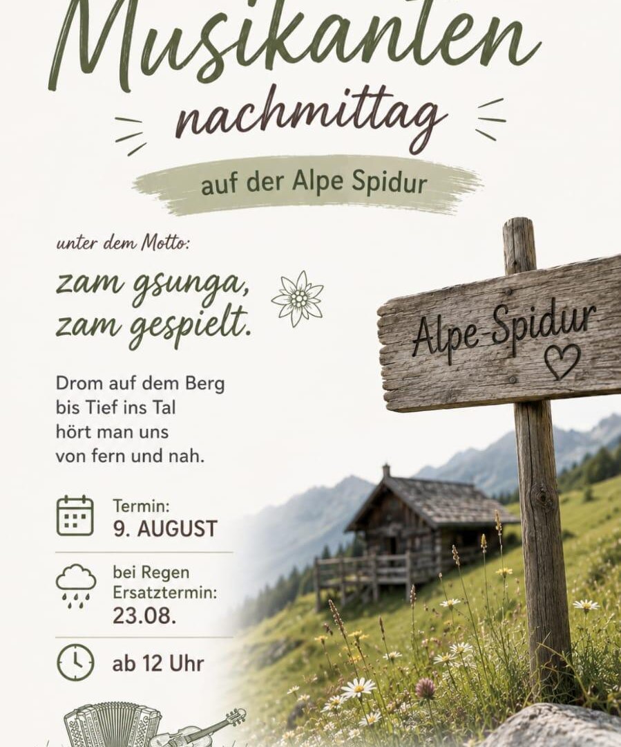 Eine Einladung zu einem musikali­schen Nachmittag auf der Alpe Spidur. Das Event findet am 1. August statt und beginnt ab 12 Uhr.