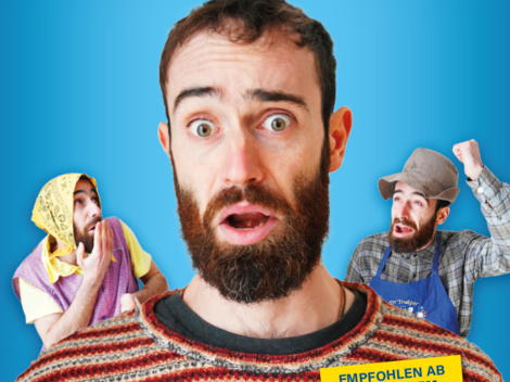 A man with a long beard and various facial expressions stands against a blue background. Next to him, there are other figures in different outfits.