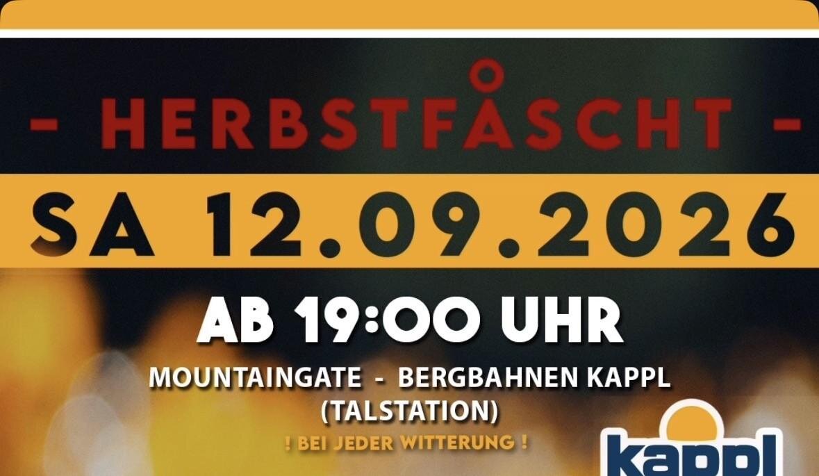 Ein Flyer für das Herbstfest am 12. September 2026. Das Event findet ab 19:00 Uhr an der Talstation der Bergbahnen Kappl statt.