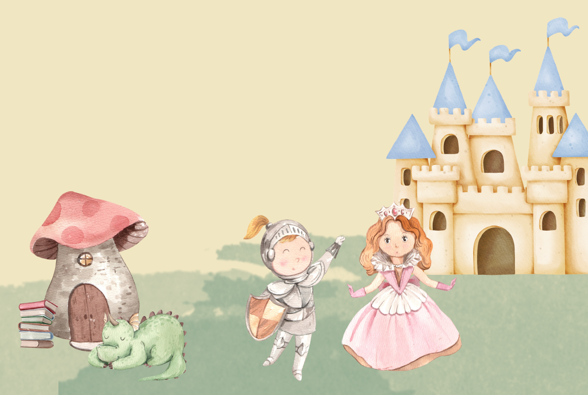Eine bunte Märchenlandschaft mit einem Schloss, einem Ritter und einer Prinzessin. Neben ihnen stehen ein Drache und ein Pilz mit Büchern.