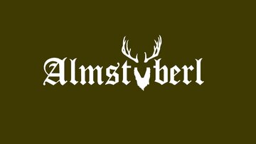 A logo with the inscription "Almstueberl" in white letters. Above, there are stag antler cutouts depicted, set against an olive green background.