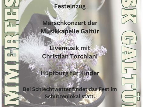 Ein Plakat für das Sommerfest in Galtür am 15. August. Es enthält Informationen über den Festzug, ein Marschkonzert und Livemusik.