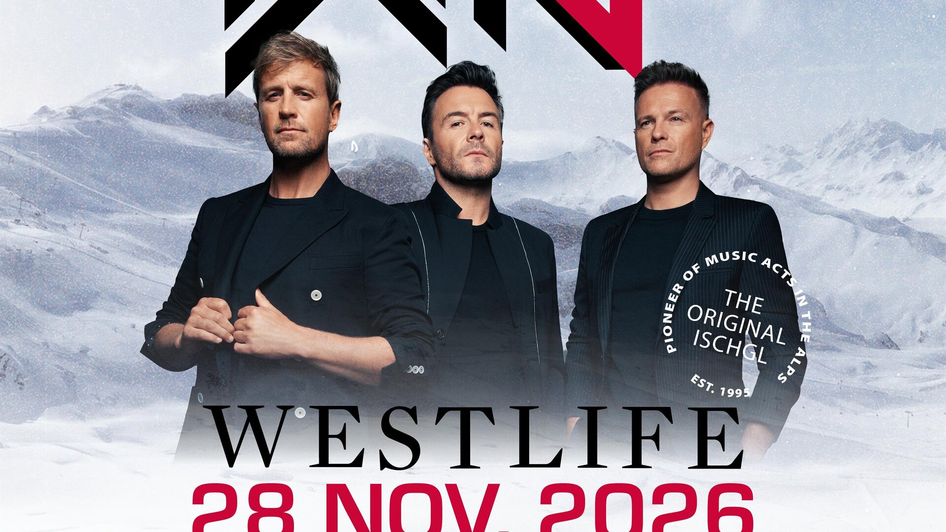 A poster for the T.O.M. opening concert with Westlife in Ischgl.  
The concert takes place on November 28, 2026.
