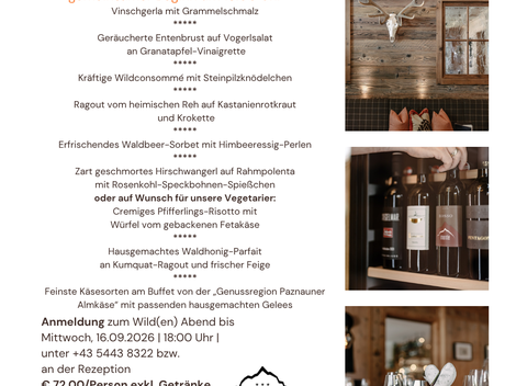 Ein Veranstaltungsplakat für einen „Wild(er) Abend“ im Alpinhotel Monte. Es zeigt Informationen zu einem gemeinsamen Abendessen mit Wildgerichten und Wein, inklusive Datum und Uhrzeit.