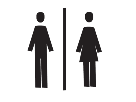 The image shows two symbols for restrooms: one for men and one for women. The figures are depicted in black on a white background.