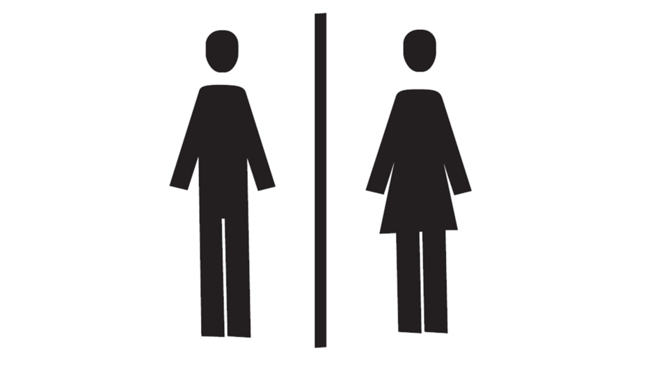 The image shows two symbols for restrooms: one for men and one for women. The figures are depicted in black on a white background.