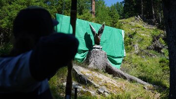 Ein Bogenschütze zielt auf ein Ziel in der Natur. Im Hintergrund ist eine grüne Plane und ein Baumstamm mit einer künstlerischen Gestaltung zu sehen.