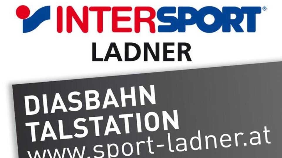 Ein Logo der Marke INTERSPORT mit dem Namen "LADNER". Darunter steht die Information über die "DIASBAHN TALSTATION" und die Webseite.