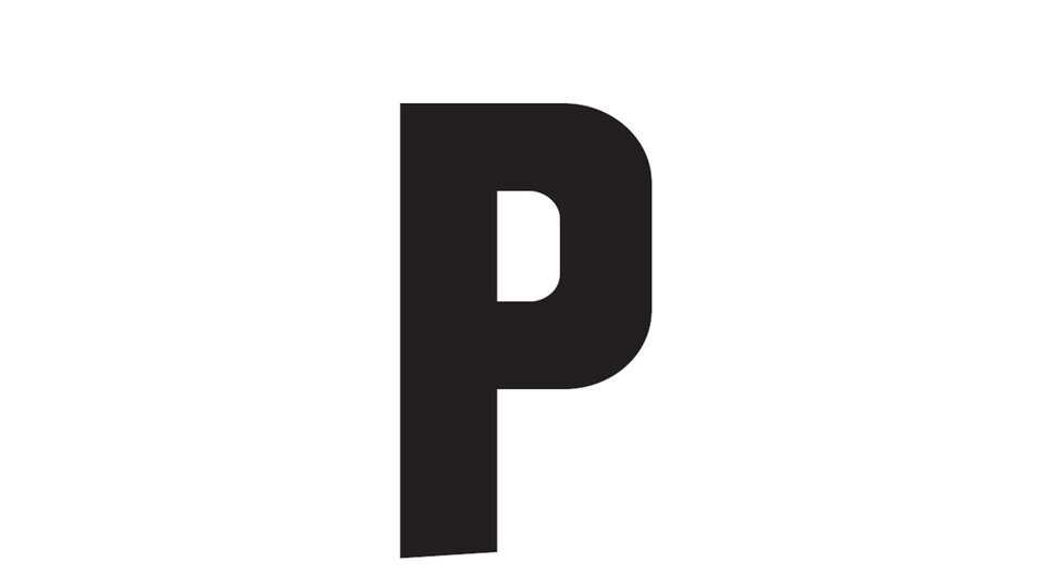 Ein großes, schwarzes "P" auf weißem Hintergrund. Das Design ist einfach und klar.