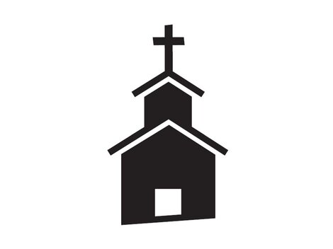 A stylized representation of a church with a cross. The design is simple and modern.