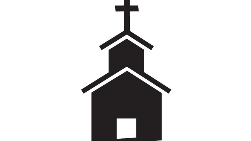 A stylized representation of a church with a cross. The design is simple and modern.