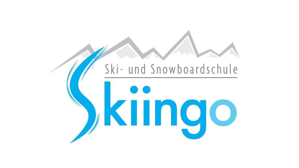 A logo of the ski and snowboard school "Skiiingo". It features stylized mountains and the inscription in blue and gray colors.