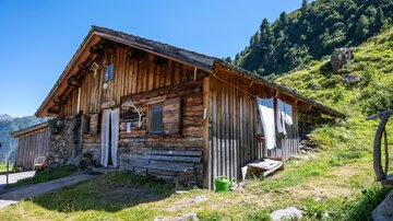 Eine traditionelle Holzhütte umgeben von grünen Wiesen und Bergen. Der Himmel ist blau und die Sonne scheint.