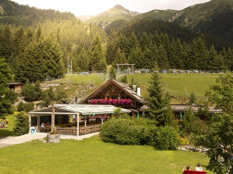 A cozy mountain restaurant surrounded by green meadows and tall trees. In the background, majestic mountains and clear skies can be seen.