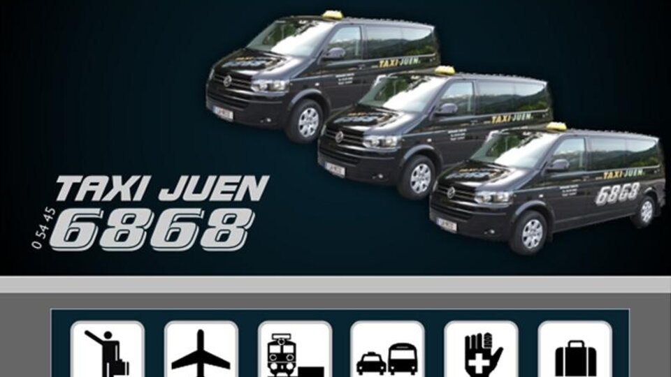 Ein modernes Taxiunternehmen mit mehreren Taxifahrzeugen auf einem dunklen Hintergrund. Die Anzeige betont die Zuverlässigkeit und Sicherheit des Services.